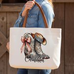 Personalized Vintage Jewelry Style Boots Canvas Tote Bag with Name Wedding Party Mother's Day Christmas Gift for Cowgirl Bridesmaid Mom