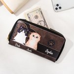 Personalisierte Retro Cartoon-Katze PU-Leder Geldbörse mit Namen Mehrere Fächer Reißverschluss Brieftasche Geburtstag Geschenk für Katzenliebhaber