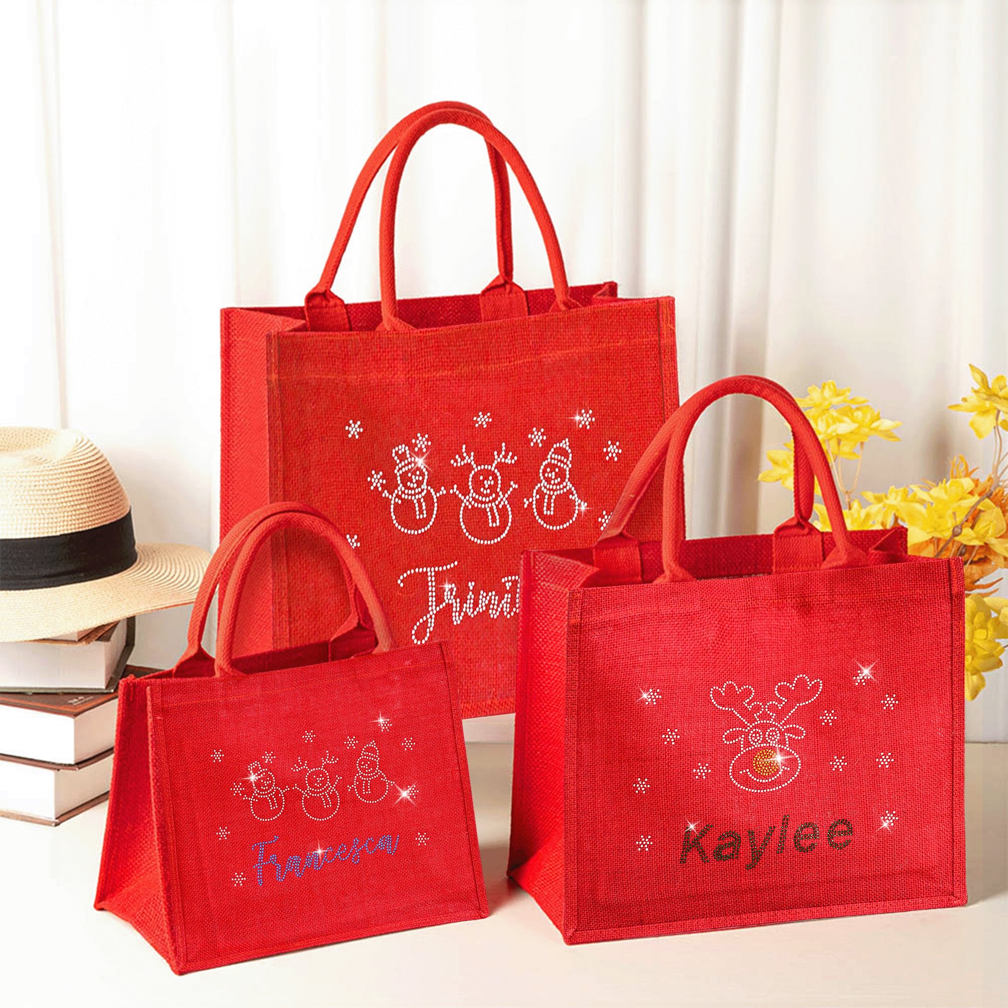 Totes Rentier Personalisierte glänzende Strass Schneemann Rentier rot Jute Tote ...