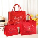 Personalized Shiny Rhinestone Snowman Reindeer Red Jute Tote Bag with Name Christmas Gift for Family Kids