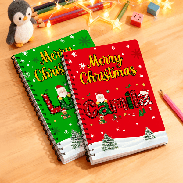 Personalised Santa Claus Christmas Tree Spiral A5 Notebook with Name and 120 Lined Pages Christmas Gift for Family Kids