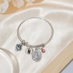 Personalized Birthstone Catholic Saint Adjustable Bangle Bracelet with Initial Confirmation Birthday Christmas Gift for Girls Teens Women