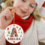 Personalized Gingerbread Man House Candy Cane Ceramic Ornament with Name and Initial Home Tree Decor Christmas Gift for Kids Family