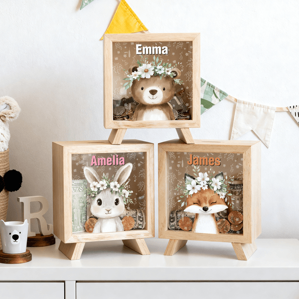Personalized Cute Flower Wreath Animals Wooden Money Box Piggy Bank with Name Back to School Birthday Gift for Kids