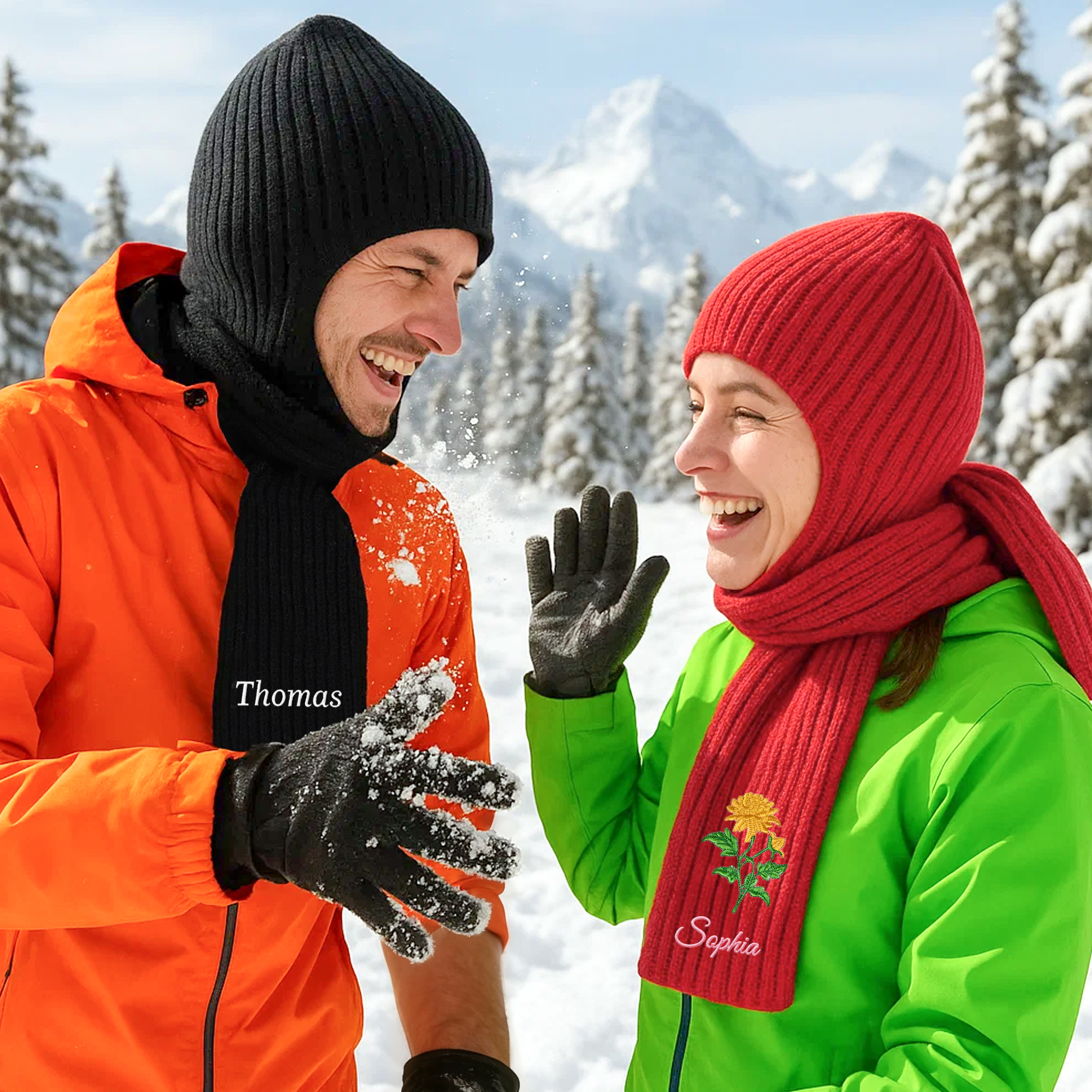 Écharpe à Capuche en Tricot Personnalisé avec Nom et Fleur de Naissance Brodés Cadeau Hivernal pour Famille Amis