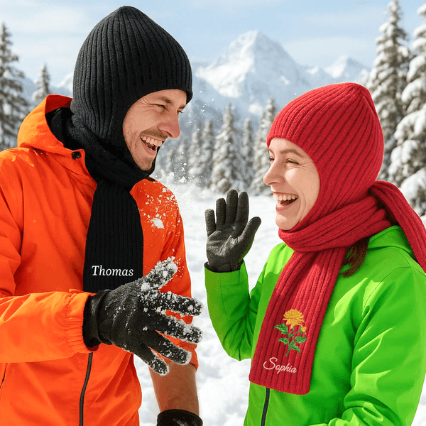 Personalized Multicolor Embroidered Birth Flower Warm 2-in-1 Knit Hooded Scarf with Name Birthday Gift for Woman Man Family