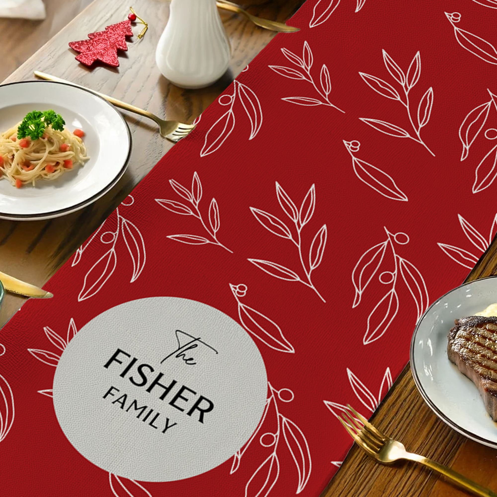 Chemin de table de Noël personnalisé avec nom de famille Décoration de la maison Pendaison de crémaillère Cadeau de Noël pour la famille et les amis