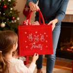 Personalized Shiny Rhinestone Snowman Reindeer Red Jute Tote Bag with Name Christmas Gift for Family Kids