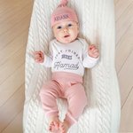 Personalized Just Joined Team 100% Cotton Soft Baby Bodysuit Knot Hat Pants Set with Embroidery Name Birthday Baby Shower Gift for Newborns
