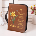 Personalized Watercolor Birth Flower Cross Bible Verses PU Leather Book Cover with Name Birthday Baptism Gift for Christian Women