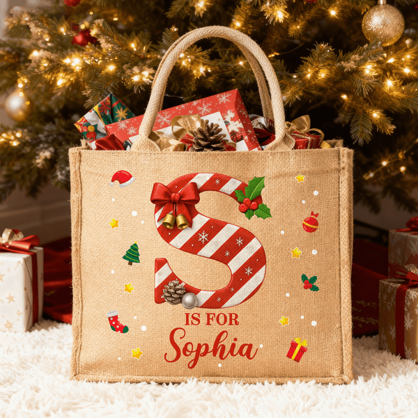 Personalized Sweets Cane Initial Large Jute Tote Bag with Name Christmas Gift for Friends Family