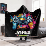 Personalised Gamepad Splatter Paint Soft Hooded Blanket with Name Home Decor Birthday Christmas Gift for Kids Game Lovers