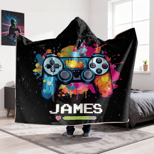Personalised Gamepad Splatter Paint Soft Hooded Blanket with Name Home Decor Birthday Christmas Gift for Kids Game Lovers