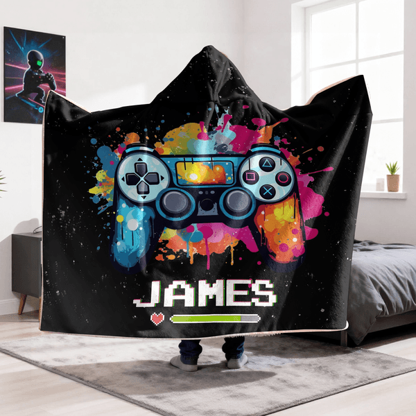 Personalised Gamepad Splatter Paint Soft Hooded Blanket with Name Home Decor Birthday Christmas Gift for Kids Game Lovers