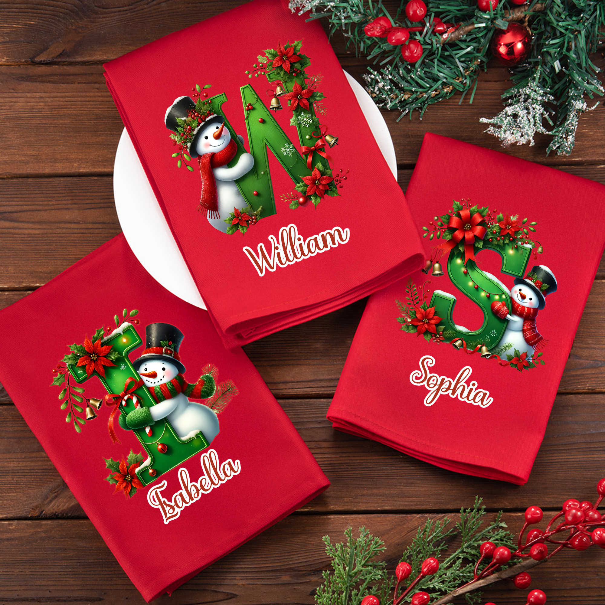 Serviette de table réutilisable personnalisée 100% coton Bonhomme de neige Initial avec nom Décoration de table Cadeau de Noël pour la famille