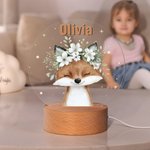 Personalized Cute Cartoon Animal Floral Wreath Acrylic LED Night Light with Name and Wooden Base Birthday Christmas Gift for Kids