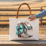 Personalized Vintage Jewelry Style Boots Canvas Tote Bag with Name Wedding Party Mother's Day Christmas Gift for Cowgirl Bridesmaid Mom