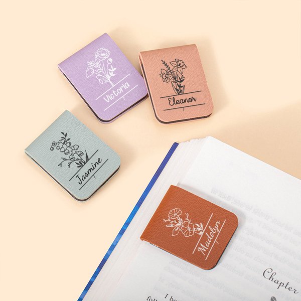 Personligt födelseblomma PU-läder Magnetiskt bokmärkesklämma med namn Läsning Skrivmaterial Födelsedagspresent för bokmalar Bokälskare