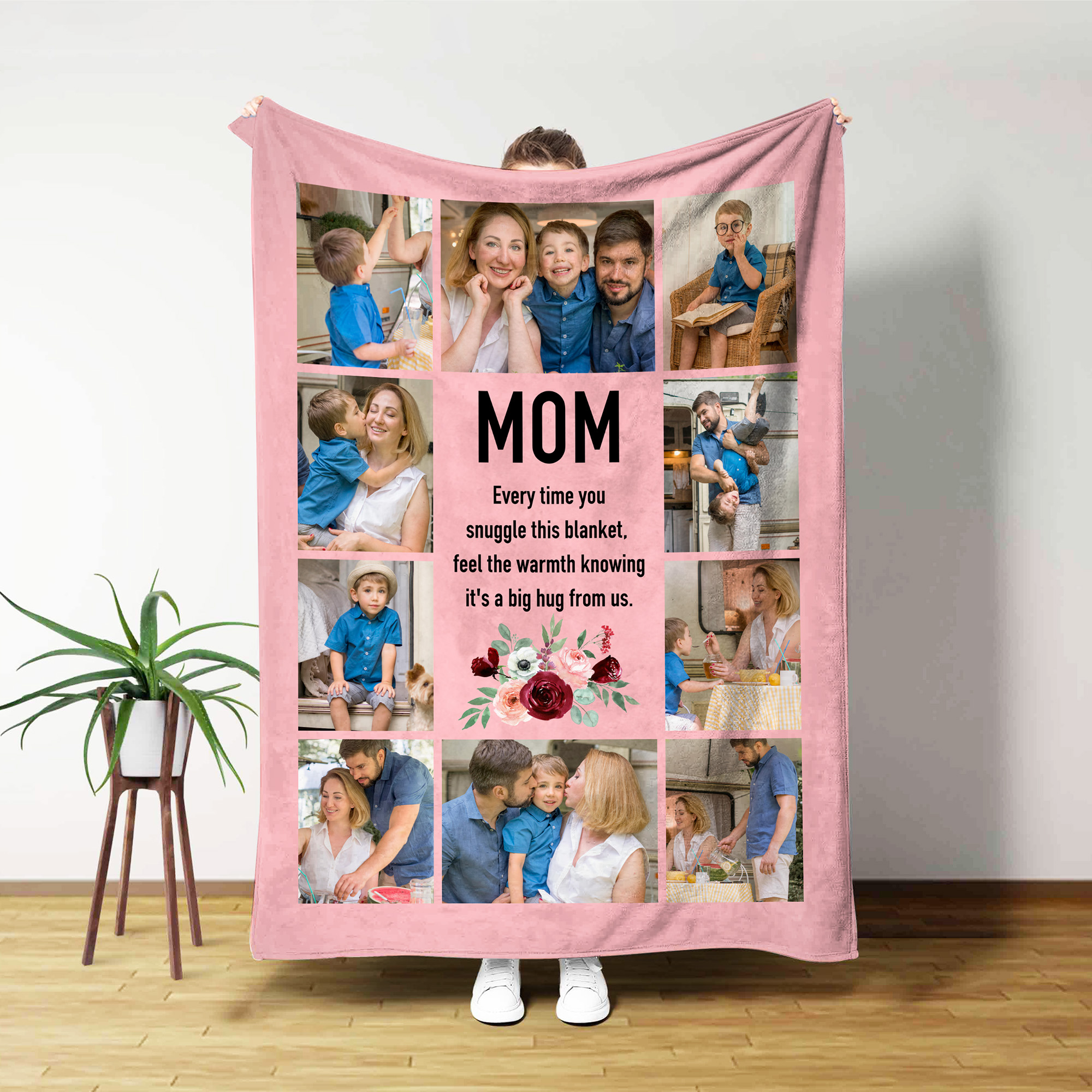 Photos de Famille Personnalisées Fleur Coeur Douce Couverture avec Nom Décoration de Maison Noël Anniversaire Cadeau pour Maman