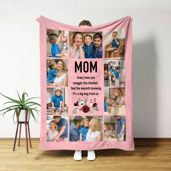 Personalized Family Photos Flower Heart Soft Throw Blanket with Nickname Home Decor Christmas Birthday Gift for Mom