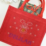 Personalized Shiny Rhinestone Snowman Reindeer Red Jute Tote Bag with Name Christmas Gift for Family Kids