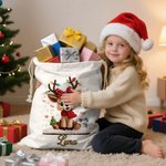 Personalised Cute Cartoon Reindeer Canvas Drawstring Gift Bag with Name Christmas Gift for Kids Family Friends