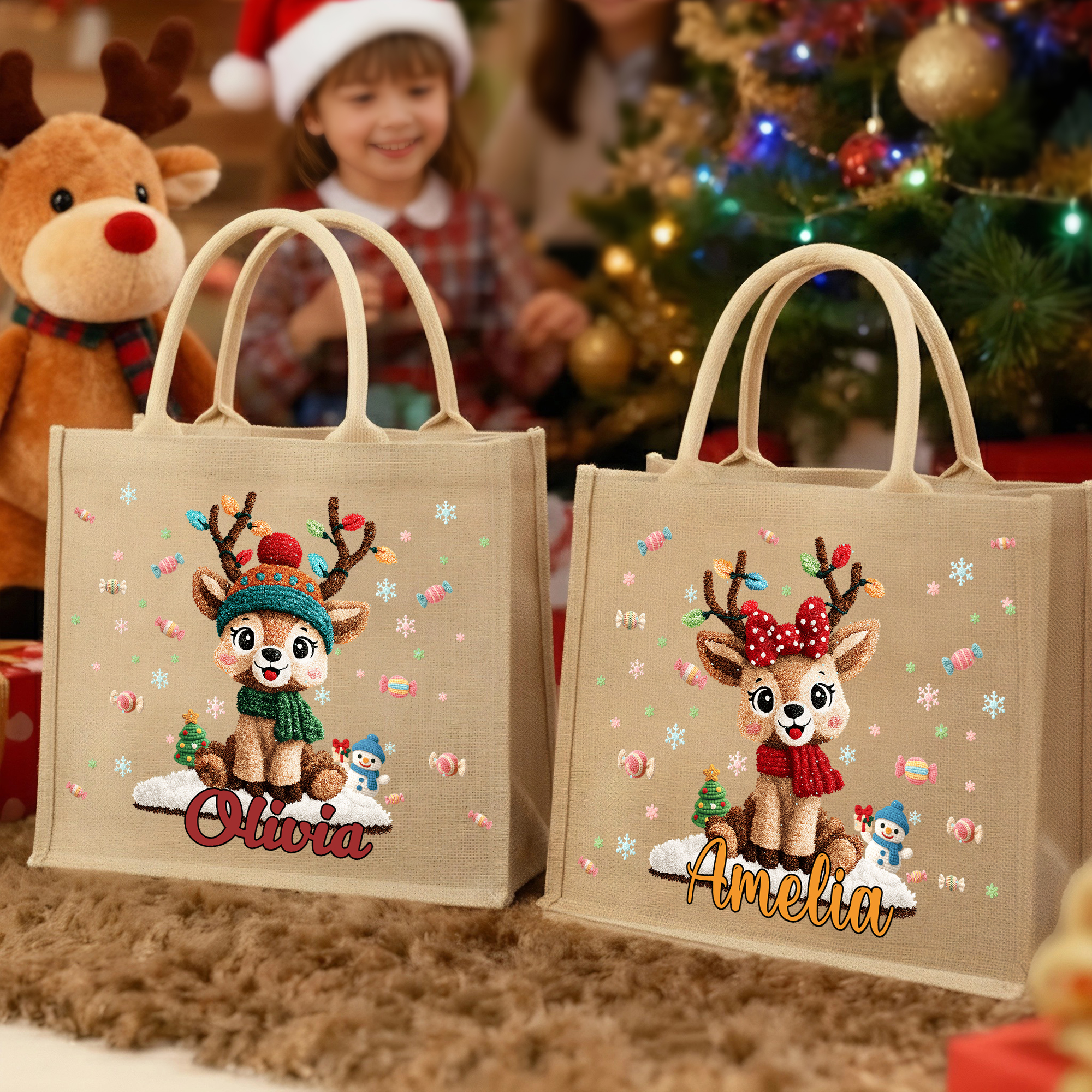 Sac en toile de jute personnalisé avec nom Accessoires de voyage Cadeau de Noël pour les enfants