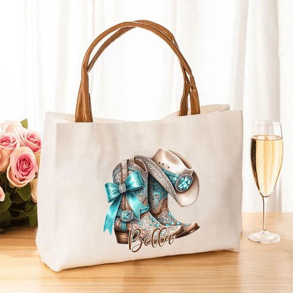 Personalized Vintage Jewelry Style Boots Canvas Tote Bag with Name Wedding Party Mother's Day Christmas Gift for Cowgirl Bridesmaid Mom