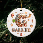 Personalized Gingerbread Man House Candy Cane Ceramic Ornament with Name and Initial Home Tree Decor Christmas Gift for Kids Family