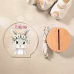 Personalized Cute Cartoon Animal Floral Wreath Acrylic LED Night Light with Name and Wooden Base Birthday Christmas Gift for Kids