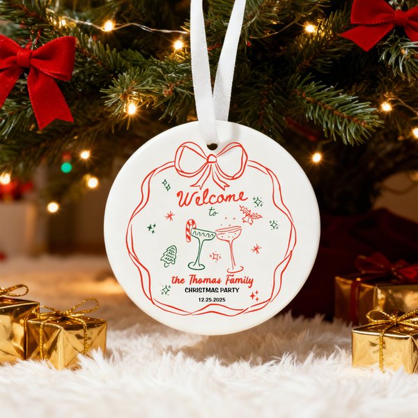 Personalized Hand-Painted Style Welcome Christmas Theme Ceramic Ornament with Family Name and Date Home Tree Decor Christmas Party Gift for Family