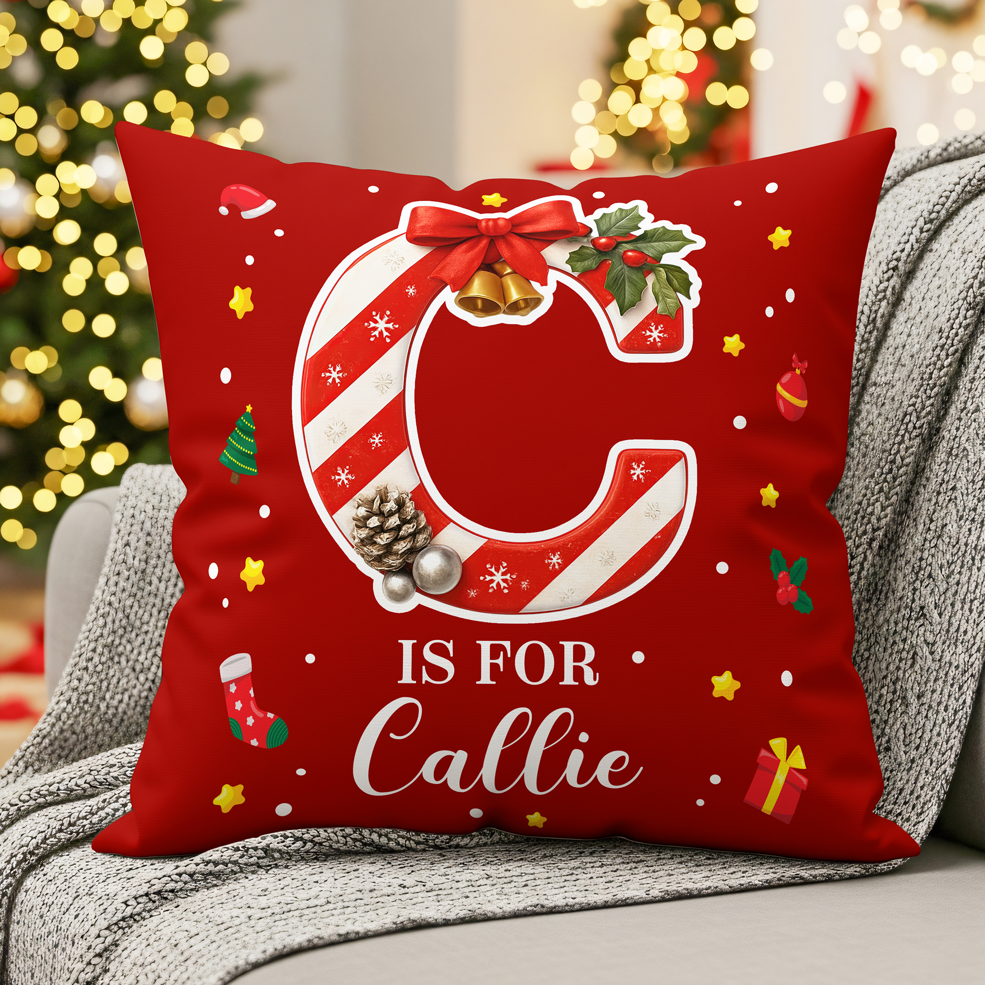 Taie d'oreiller personnalisée en forme de canne à sucre avec nom Décoration de la maison Cadeau de Noël pour les amis et la famille
