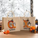 Personalisierte Halloween Cartoon-Charakter Jute Tasche mit Kürbis Süßigkeiten Tote Bag mit Initiale und Namen Süßes oder Saures Geschenk für Kinder