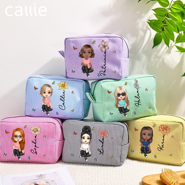 Custom Multicolour Stripes Makeup Bag Travel Essentials Birth Flower Cartoon Character with Name and Zipper Birthday Gift for Women