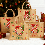 Personalized Sweets Cane Initial Large Jute Tote Bag with Name Christmas Gift for Friends Family