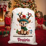 Personalised Cute Cartoon Reindeer Canvas Drawstring Gift Bag with Name Christmas Gift for Kids Family Friends