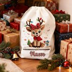Personalised Cute Cartoon Reindeer Canvas Drawstring Gift Bag with Name Christmas Gift for Kids Family Friends