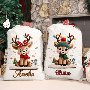 Personalized Cute Cartoon Reindeer Canvas Drawstring Gift Bag with Name Christmas Gift for Kids Family Friends