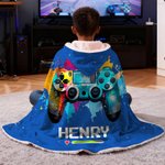 Personalised Gamepad Splatter Paint Soft Hooded Blanket with Name Home Decor Birthday Christmas Gift for Kids Game Lovers