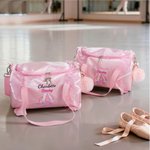 Personalized Embroidered Ballet Shoes Pink Lace Duffel Bag with Name and Pink Pom Pom Charm Birthday Gift For Ballerinas Dance Lovers