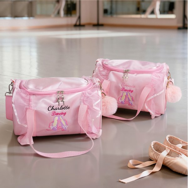 Personalized Embroidered Ballet Shoes Pink Lace Duffel Bag with Name and Pink Pom Pom Charm Birthday Gift For Ballerinas Dance Lovers