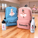 Personalized Cartoon Ballerina Girl Backpack Drawstring Bag Water Bottle with Name Sports Accessories Christmas Birthday Gift for Her