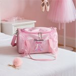 Personalized Embroidered Ballet Shoes Pink Lace Duffel Bag with Name and Pink Pom Pom Charm Birthday Gift For Ballerinas Dance Lovers