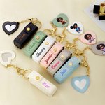 Personalized Cartoon Black Girl PU Leather Lipstick Case Keychain with Name and Heart-Shaped Mirror Birthday Anniversary Gift for Women Girls