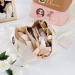 Personalised Cartoon Character Birth Flower Wide Opening PU Leather Makeup Bag with Name Travel Essentials Birthday Anniversary Gift for Women