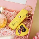 Personalized Cartoon Black Girl PU Leather Lipstick Case Keychain with Name and Heart-Shaped Mirror Birthday Anniversary Gift for Women Girls