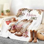 Personalised Floral Cowgirl Boots Western Soft Throw Blanket with Name Home Decor Western Nursery Birthday Gift for Cowgirls Friends