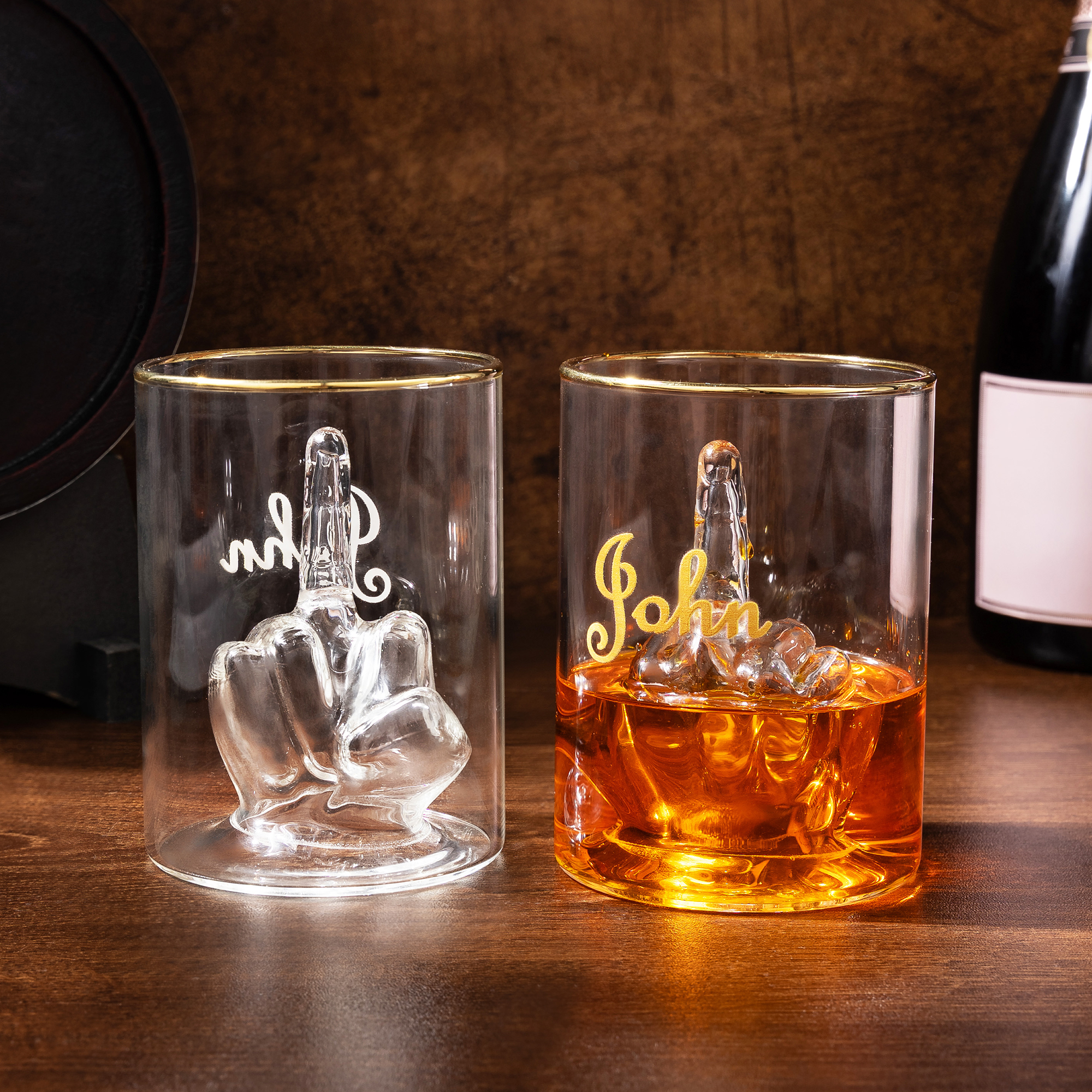 Verre à Whisky 370 ml Personnalisé avec Nom Design de Doigt du Milieu Cadeau Anniversaire Fête pour Amoureux d'Alcool