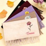 Personalised Birth Flower Birthstone Soft Warm Tassel Scarf with Name Winter Accessory Birthday Gift for Family Friends