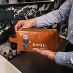 Personalised Cartoon Man Character PU Leather Toiletry Bag with Name and Text Travel Accessories Birthday Christmas Gift for Man Father